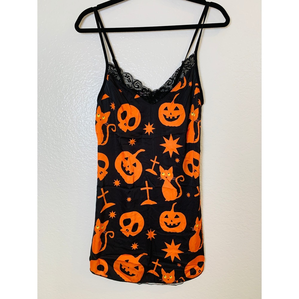 Avidlove Chemise Nightgown Women M Black Halloween Pumpkin Skull Lace Spooky
